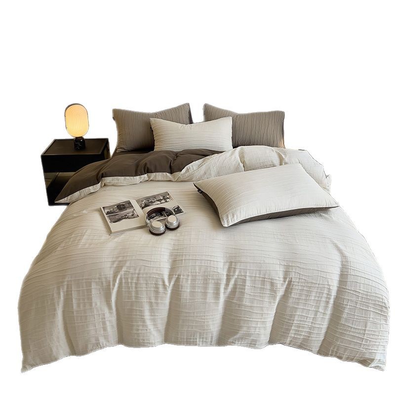 Parure de lit quatre pièces en coton lavé avec drap housse_voghion.com