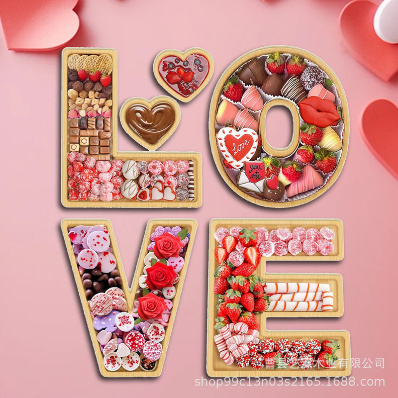 Bamboo Letter Tray LOVE Love Shape Wooden Serving Tray Valentine's Day Commemorative Wedding Cupcake Plate