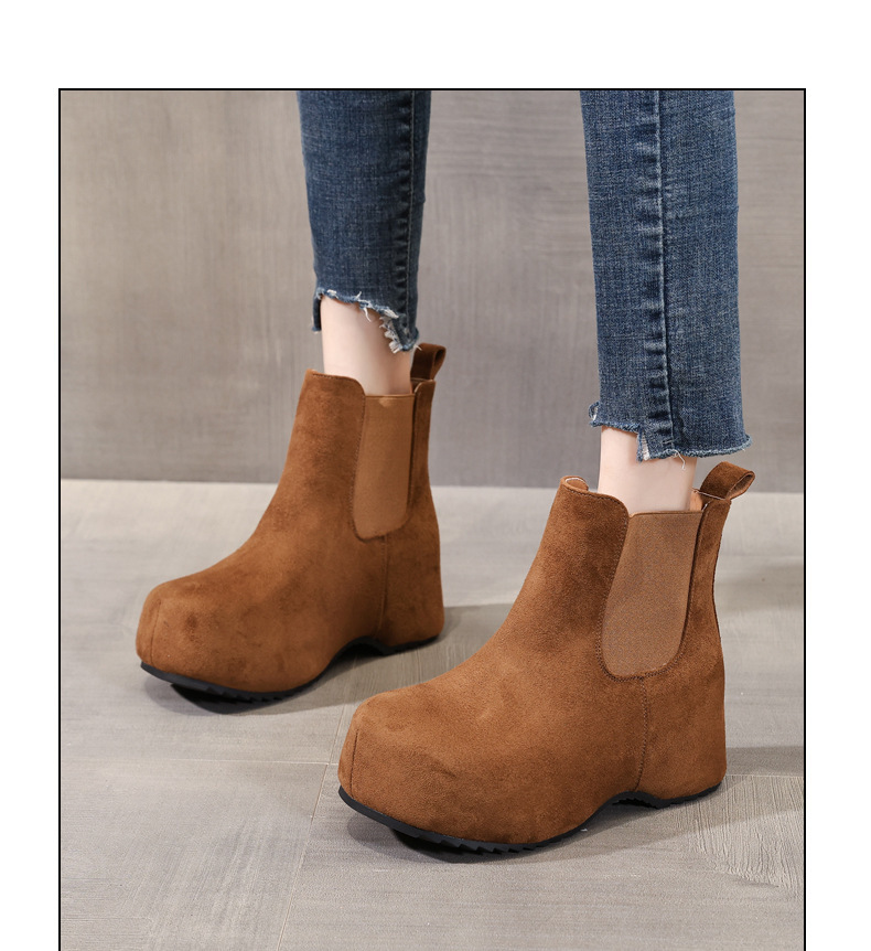 Boot Chelsea nữ cổ thun đế dày tăng chiều cao lót lông cừu mùa thu đông — Màu nâu chi tiết 9