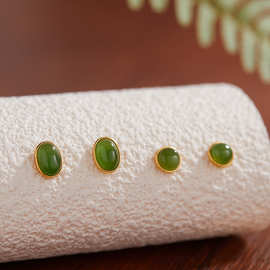 简约设计S925纯银镶天然碧玉椭圆和圆形耳钉女小清新百搭耳饰新款