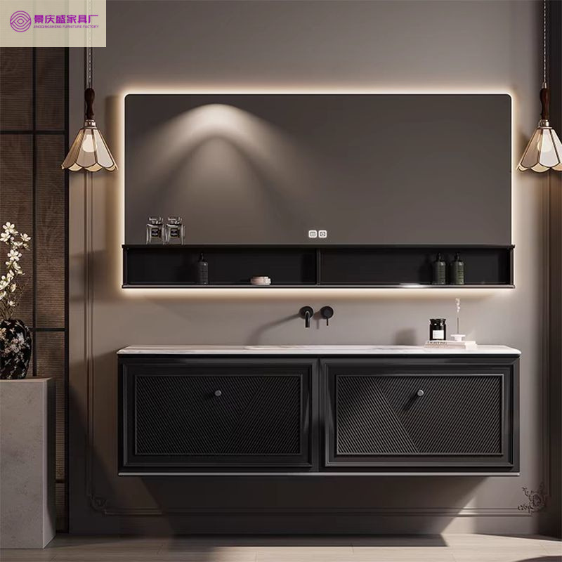 Bathroom Cabinet Oak Wood Combination with Integrated Ceramic Basin, French Retro Washstand, and Heat-Bent Rock Slab Integrated Basin