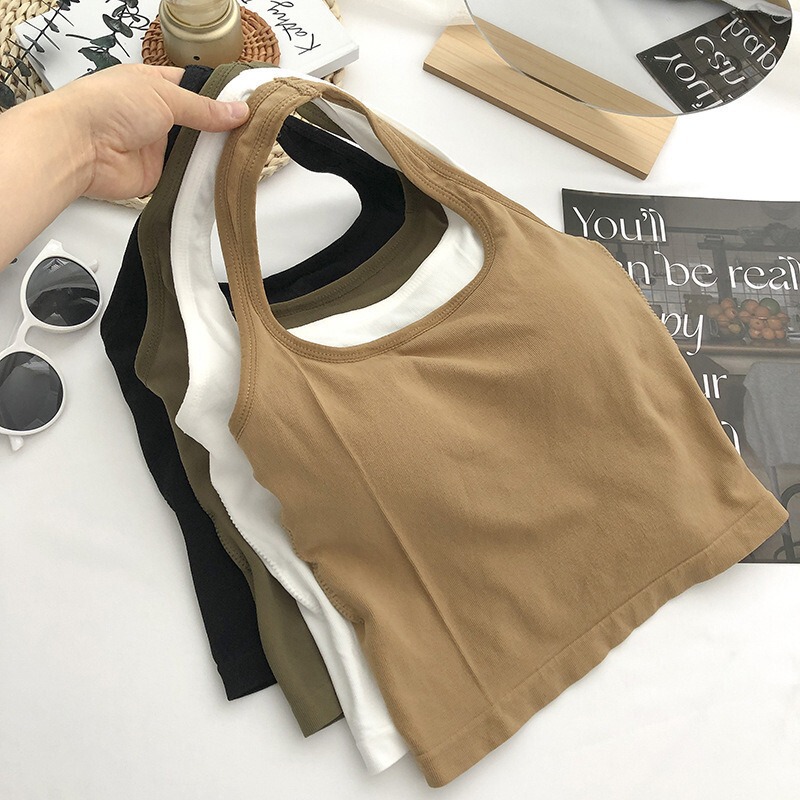 2023 Summer Korean Style Halter Neck Underwire Bra for Women with Chest Pads, Versatile Slim Fit Short Camisole