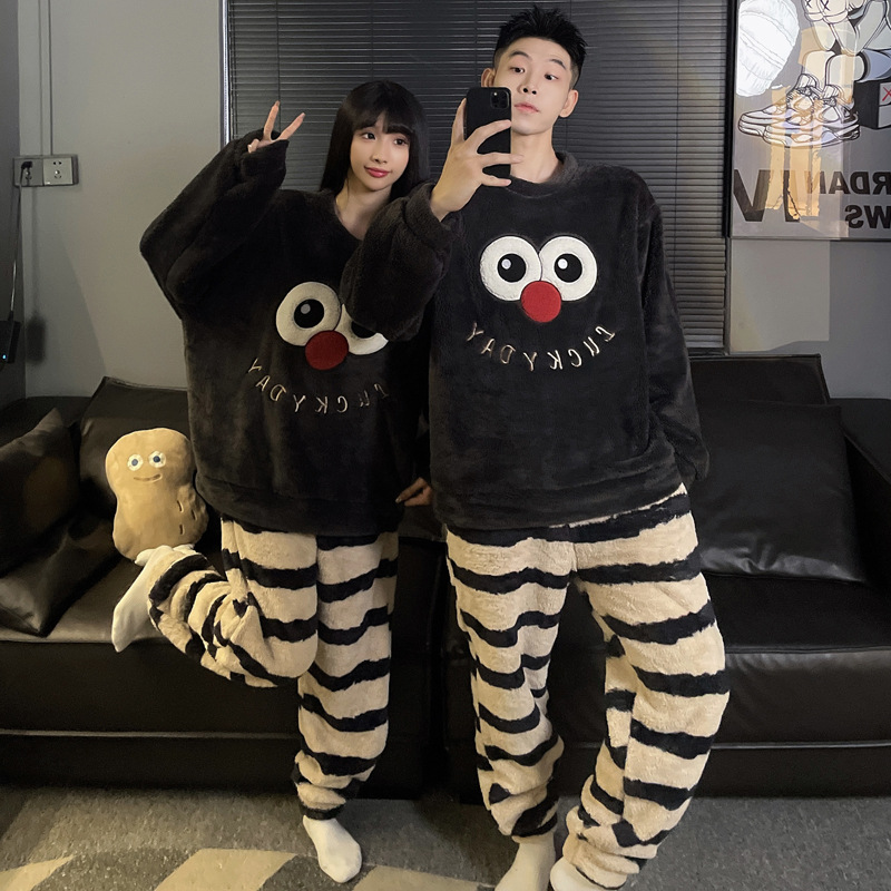 Coral Velvet Couple Pajamas Autumn and Winter Fleece-Lined Thickeneded Long-Sleeved Cute Men and Women Cartoon Casual Home Wear Set