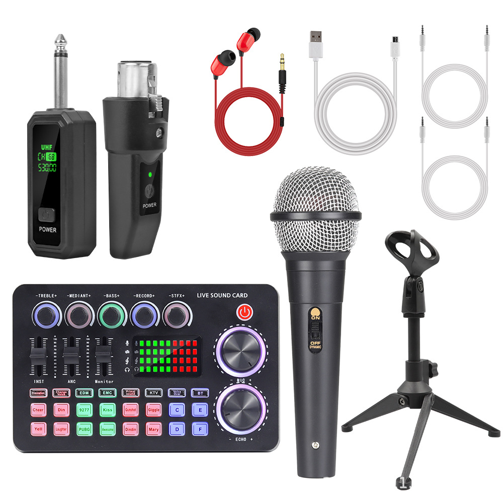 Cross-Border English Version Wired Microphone to Wireless Microphone Microphone Transmitter and Receiver M1 Sound Card Live Broadcast Set