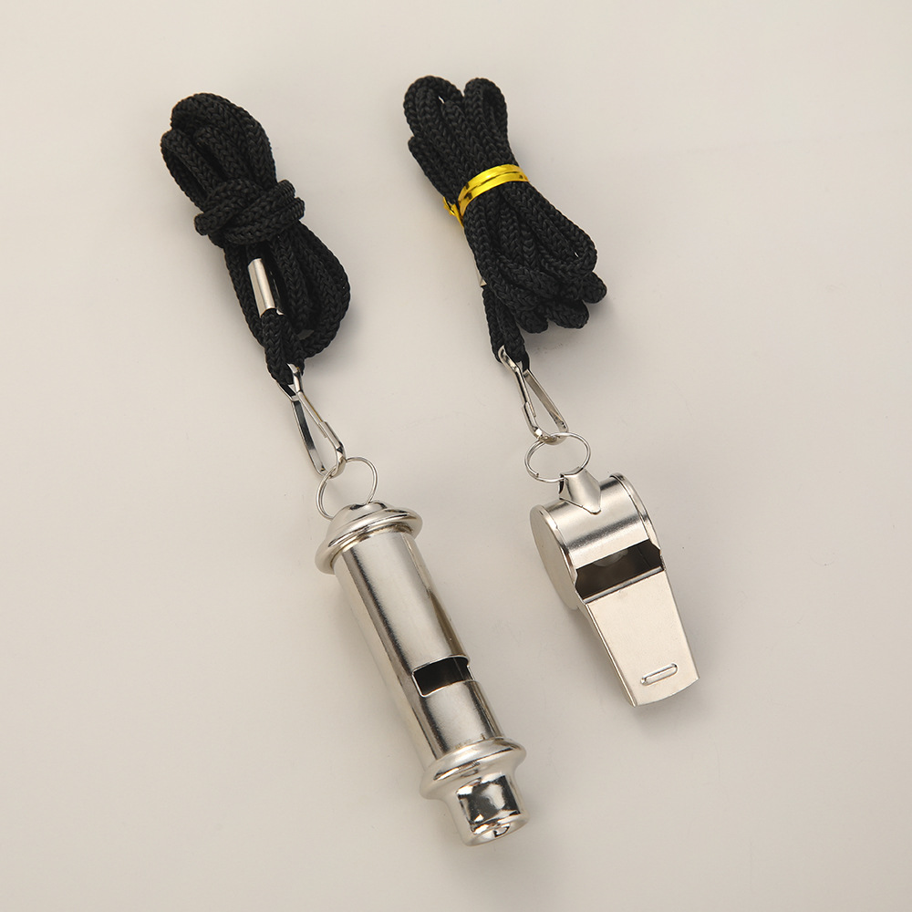 Stainless steel whistle with long and short mouthpieces + 1800D thick black rope + transparent box packaging, suitable for football, basketball, volleyball, and running sports