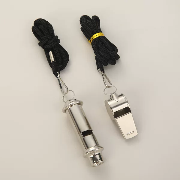 Stainless steel whistle with long and short mouthpieces + 1800D thick black rope + transparent box packaging, suitable for football, basketball, volleyball, and running sports