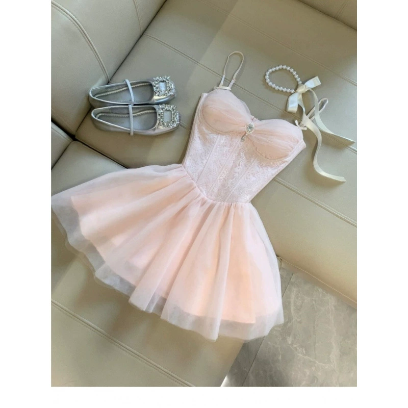 Нежное, сладкое, легкое и роскошное платье-топ на подтяжках с инкрустацией бриллиантами, новая летняя сказочная сетчатая юбка-пачка для женщин