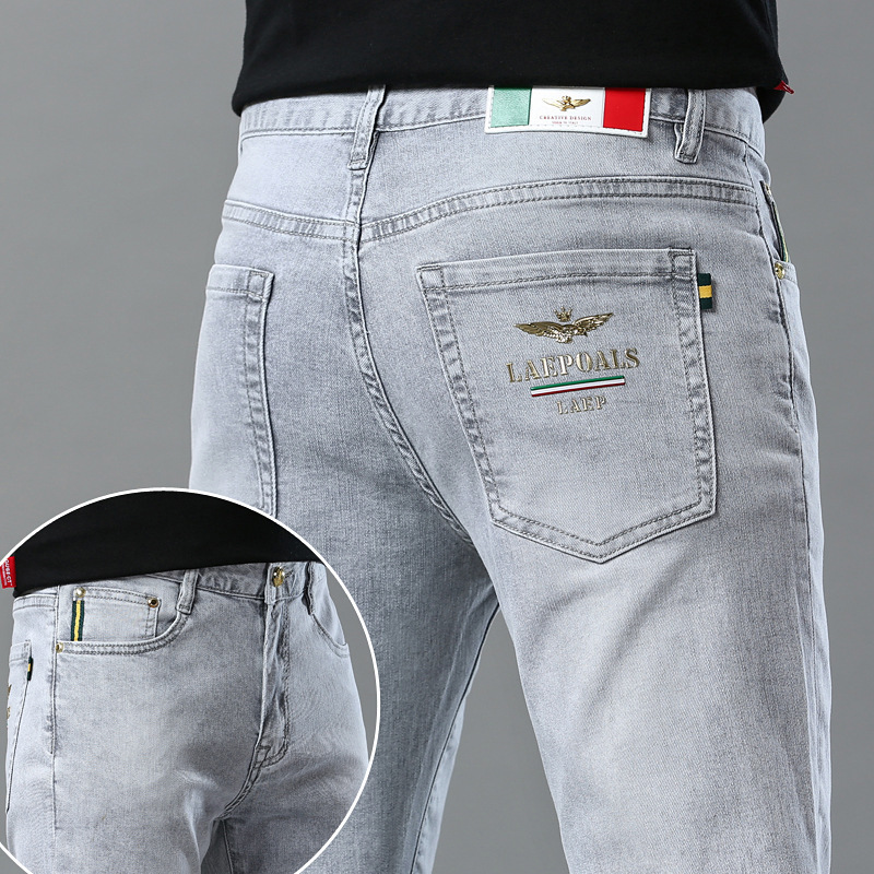 Men's Embroidered Jeans Slim Fit Stretch Denim Trousers, Smoke Grey Vintage Straight Leg Pants For Spring_viptrois.com