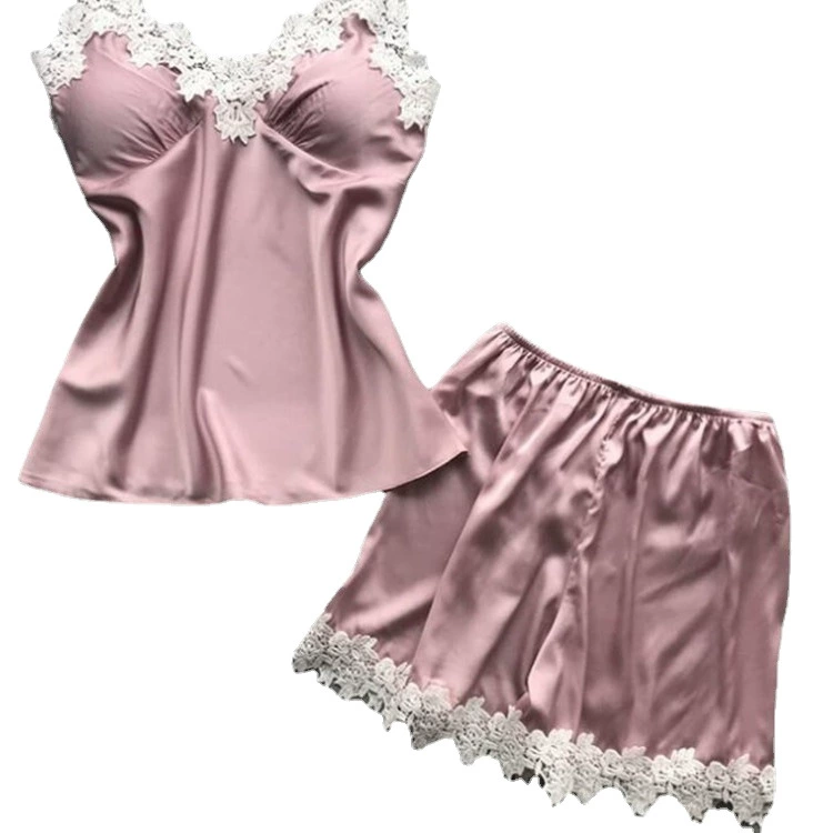 Пижамный набор для женщин, атласный лоскутный топ-с camisole и шорты, лето, расширенный размер (S–2XL)