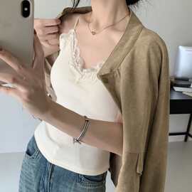 秋冬法式新款磨毛一体式蕾丝螺纹吊带背心女内搭外穿打底美背抹胸