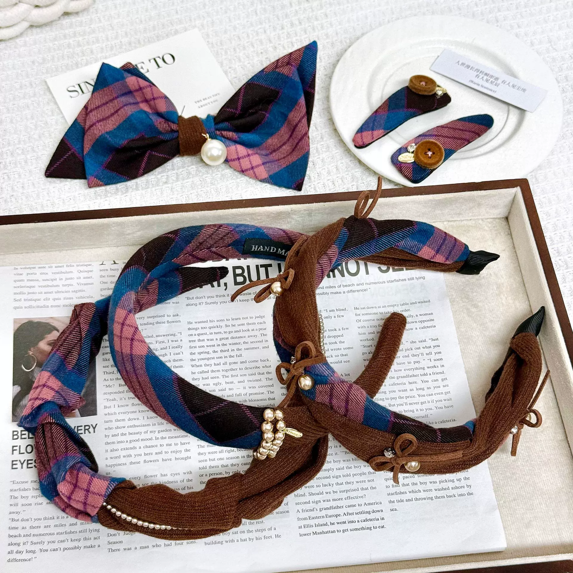 韩版韩式气质蓝色格纹高颅顶发箍高级感复古百搭蝴蝶结弹簧夹秋冬