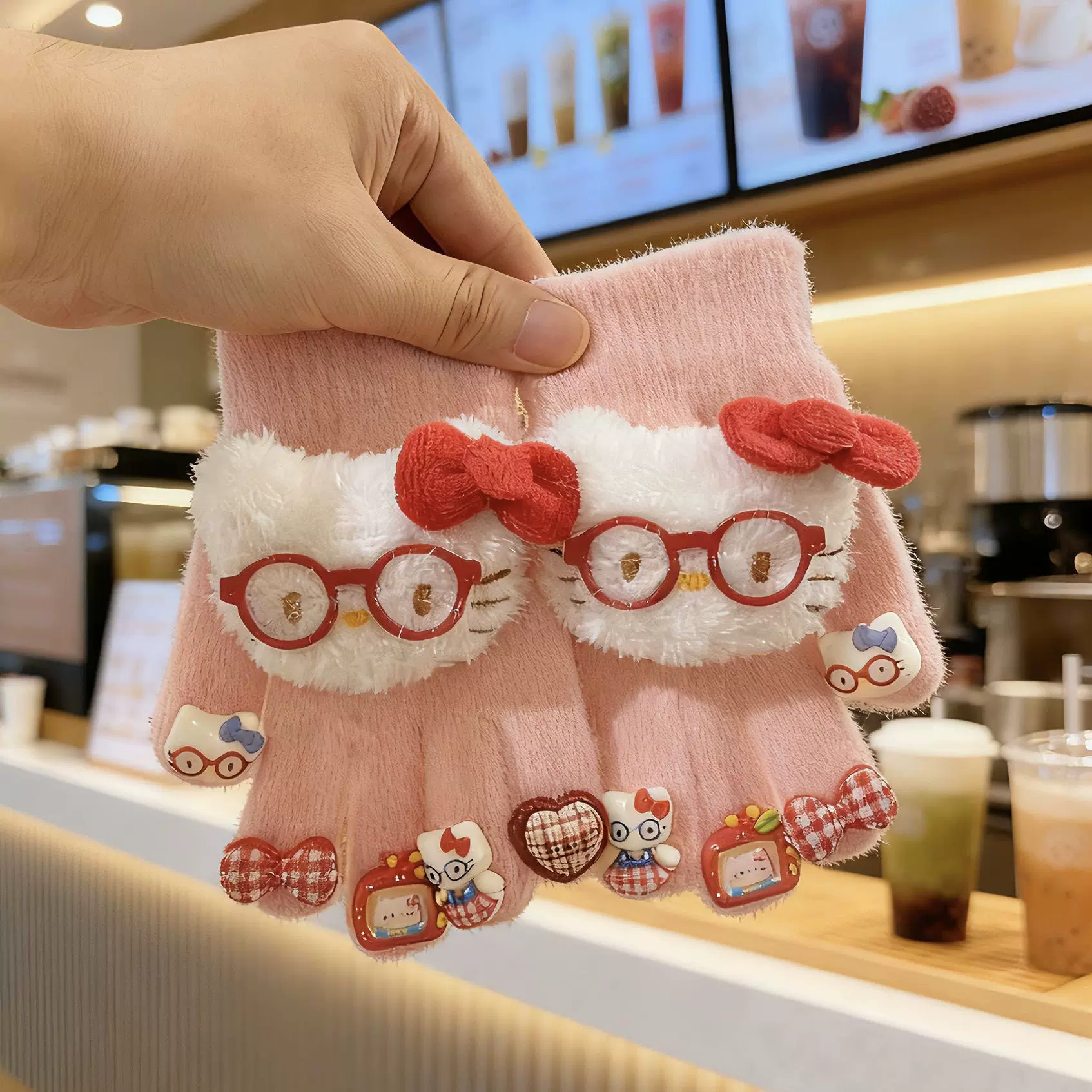 儿童手套女童可爱猫咪针织毛绒五指手套冬季加厚保暖防寒学生手套