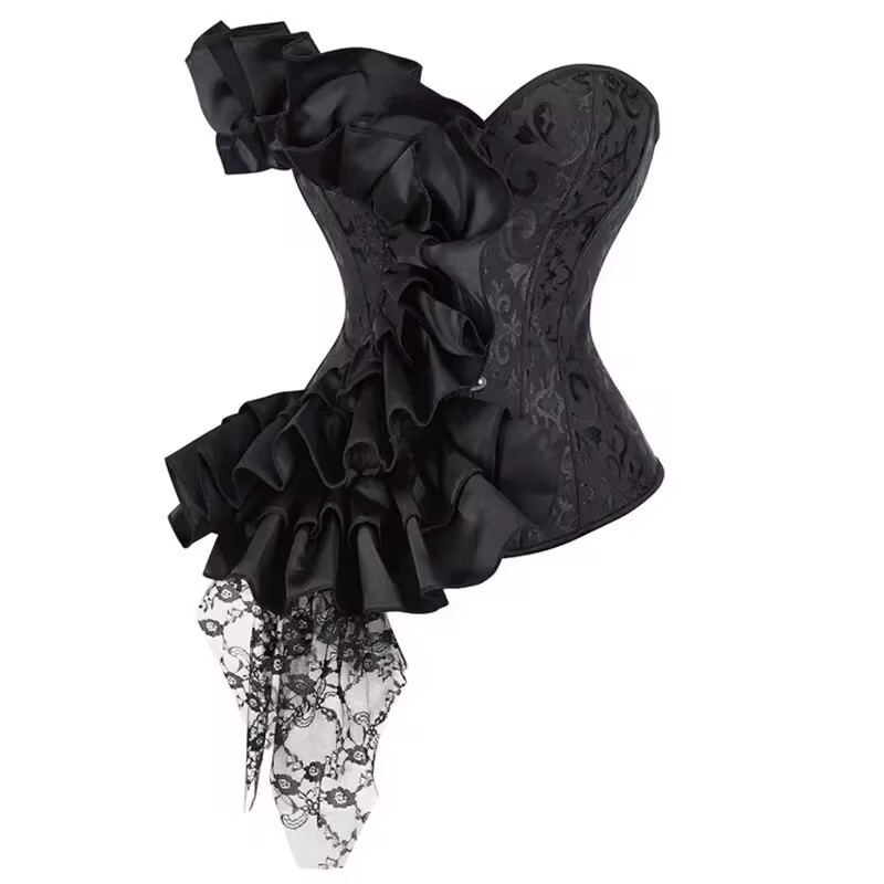 New Black One-piece Court Shaping Dress Sexy Fold Edge Flower Pendant Lace Light Luxury Dress Ball All-match Corset