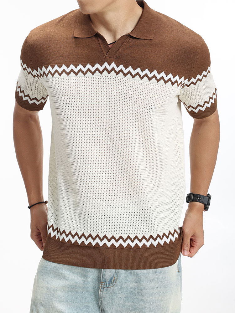 Verano hombre Paul rayas de punto gaviota cuello hielo seda polo camiseta de manga corta hombre casual de alto nivel con solapa ropa de hombre