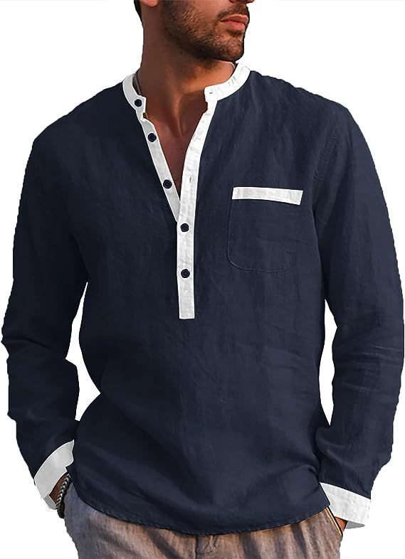 Camisa Henley de manga larga para hombres de temperamento transfronterizo europeo y americano de algodón y lino cómoda camisa de costura transpirable para hombres
