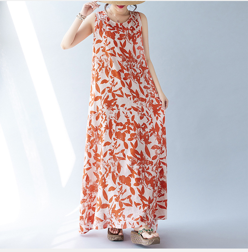 Real Shot Of The 2024 Summer New Bohemian Artistic Loose Sleeveless Round-neck Printed Mid-length Dress For Women_ecoleips.com