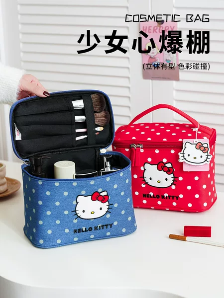 New Hellokitty Genuine Polka Dot Makeup Bag, Large Capacity, High-Looking Cosmetic Storage Bag, Portable Handbag