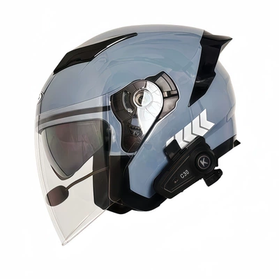 Battery Motorcycle Half Helmet, Motosiklet kaskı (dəbilqə) - gray-blue-helmetc25-bluetooth-headset