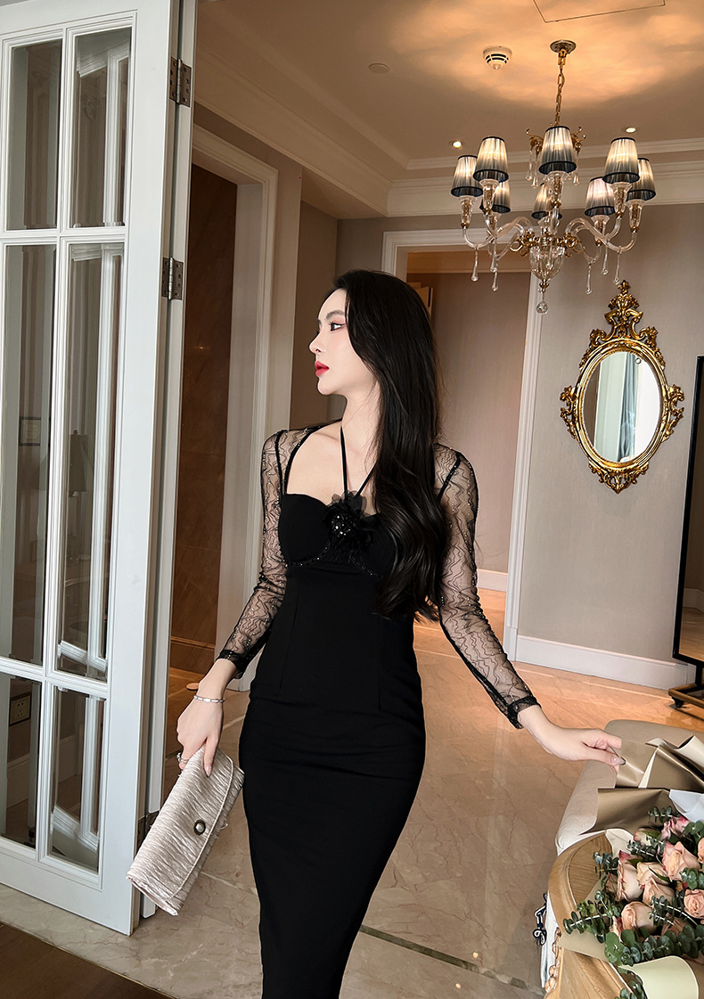 Đầm dài dáng ôm cổ halter phối lưới phong cách quý tộc — Màu đen chi tiết 14
