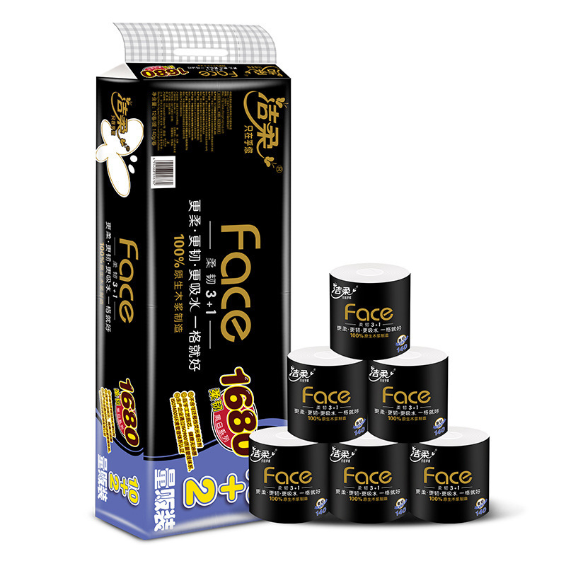 Jierou Toilet Paper with Core, Black Face Series, 4-Ply, 140g, 12 Rolls, Economical Pack Bj168-12