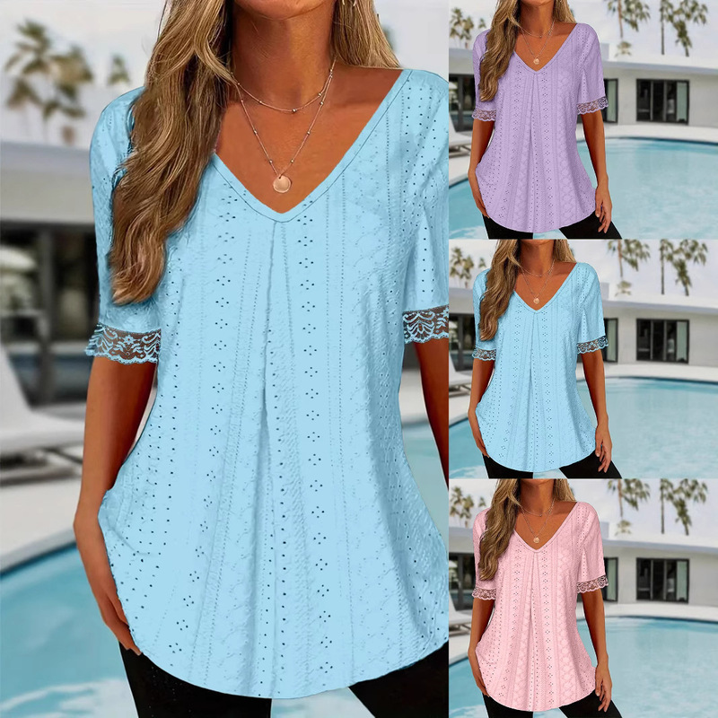 2025 European and American Export Women's V Neck Cut Out Knitted Upper Lace Splicing Short-Sleeved T-Shirt for Women