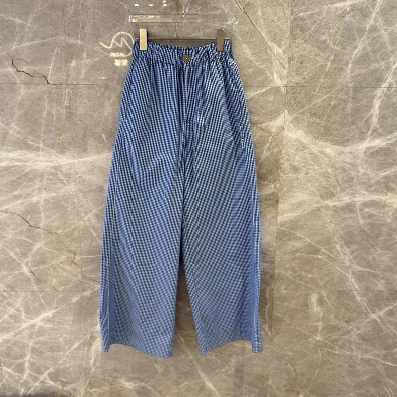 Highly Recommended! Summer Age-Reducing Fine Plaid Letter Embroider Drawstring Elastic Waist Wide-Leg Casual Pants for Women