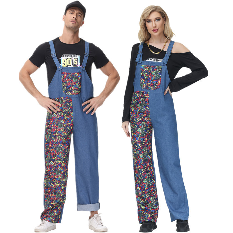 跨境成人時尚嘻哈休閒背帶褲套裝萬聖節迪斯科嬉皮士酒吧派對服裝