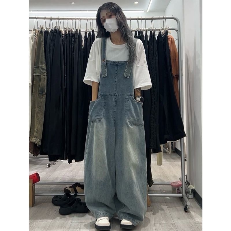 直筒牛仔背带裤女可盐可甜减龄垂感松弛高腰宽松阔腿牛仔裤潮流|undefined