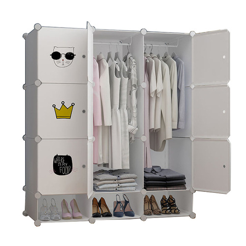 Simple wardrobe foldable plastic assembly dorm steel frame closet storage cabinet organizer anti-moisture cartoon puzzle cabinet