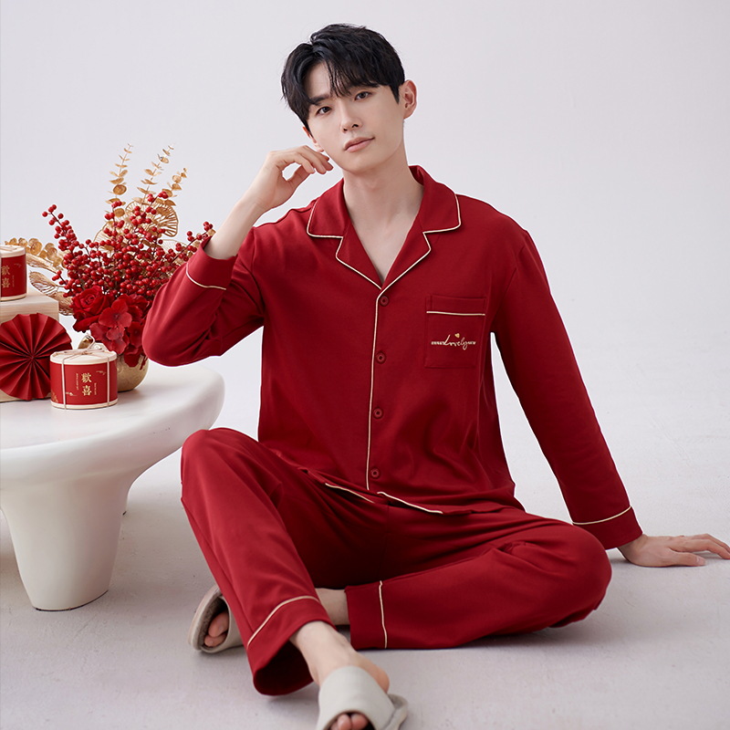 Pijamas primavera y otoño de los hombres de la boda festiva de algodón de manga larga ropa para el hogar año de nacimiento de los hombres rojos grandes más traje de tamaño