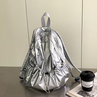 New Drawstring Pleated silver Backpack Women's Ins Style Lightweight Women's Casual Large Capacity Backpack for Women