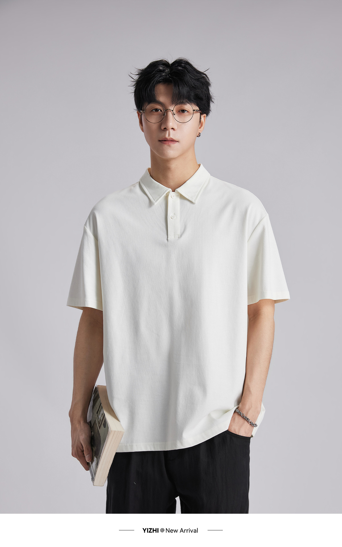 Áo polo nam cổ bẻ dáng rộng chất liệu cotton dày 220g, tay ngắn thoáng khí — đen chi tiết 8