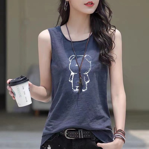 Women's Loose Plus Size Korean Style Summer 2024 Cotton Open-Front Blouse with Print Strappy Tank Top Underwear Shirt