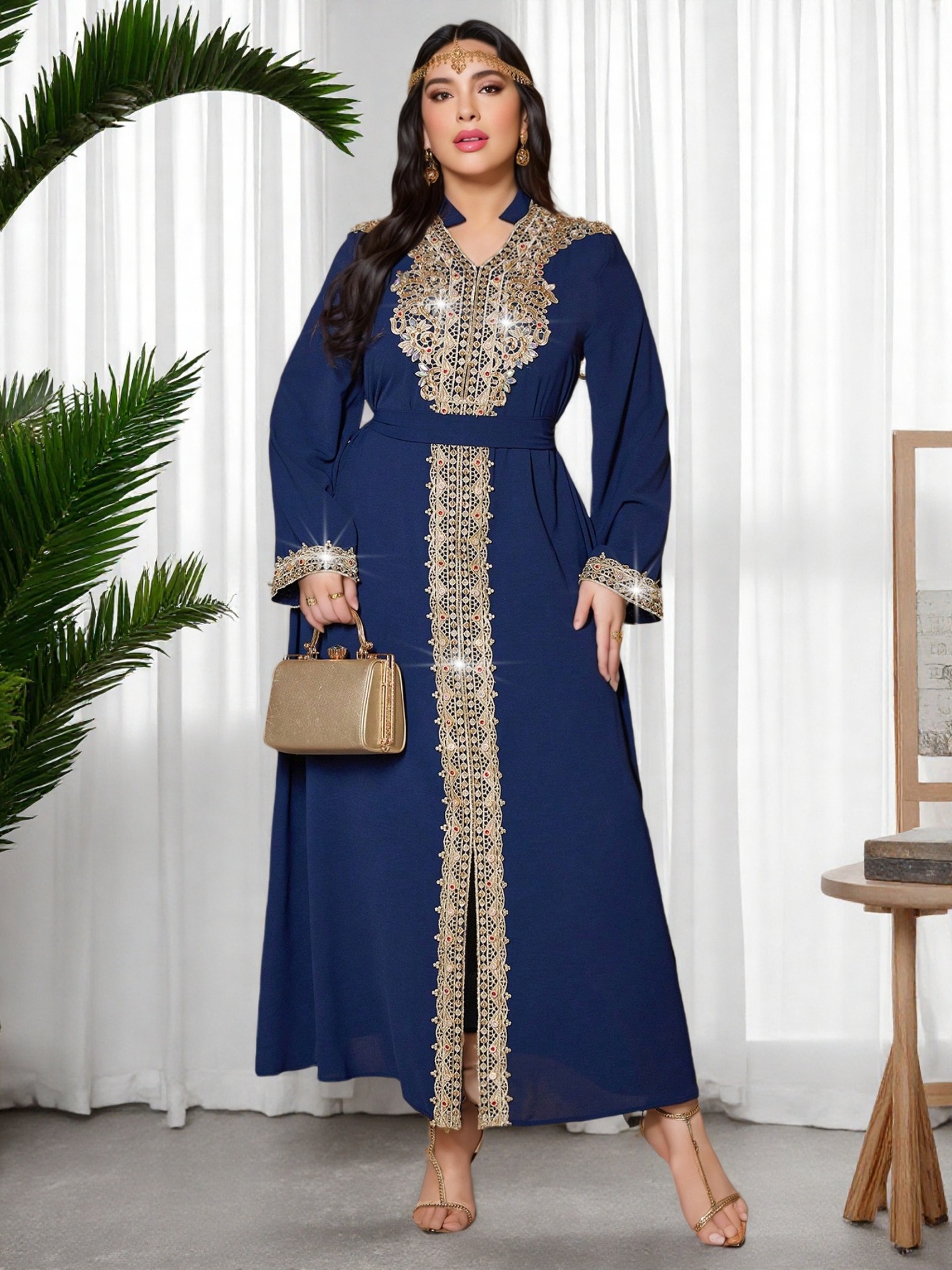 Middle Eastern Plus Size Vintage Arabic Dubai Embroidered Appliqué Rhinestone Dress Muslim Party Evening Gown_ecoleips.com