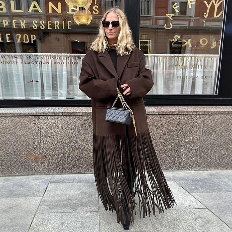 Cross-Border Amazon 2025 Early Autumn New Product, Elegant and High-End Solid Color Lapel Tassel Splicing Long Trench Coat