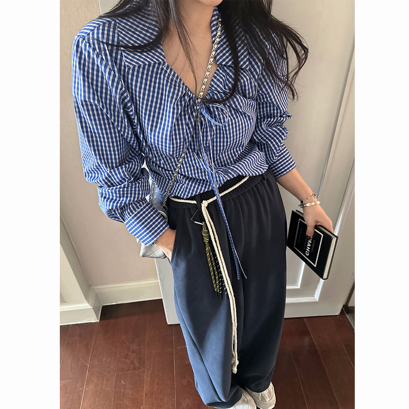 独特超好看上衣休闲法式蓝色格子长袖衬衫2025新款女装轻奢高级感|undefined
