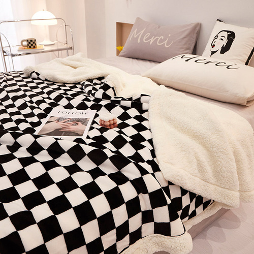 2024 autumn and winter double-layer thickened lamb velvet blanket pure plain checkerboard office nap small fur blanket leisure