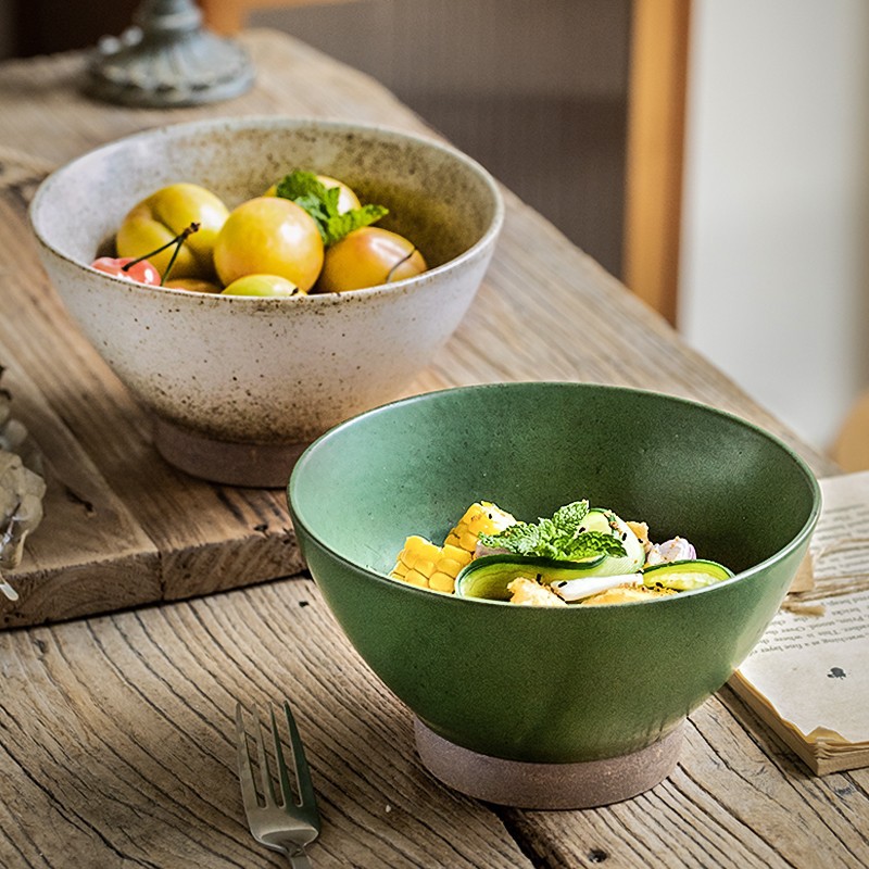 Tazón de fideos hechos a mano de estilo japonés Vintage de 6.5 pulgadas de cerámica gruesa Tazón de pie alto Tazón de cerámica Ramen Tazón exportación transfronteriza