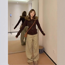 卫衣女咖色毛领外套2025秋冬新款正肩连帽开衫修身收腰显瘦上衣