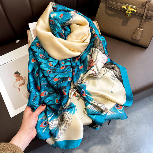 Chinese style retro ethnic peacock with open tail, fashionable imitation silk long scarf and air-conditioning shawl as a gift for mother and daughter