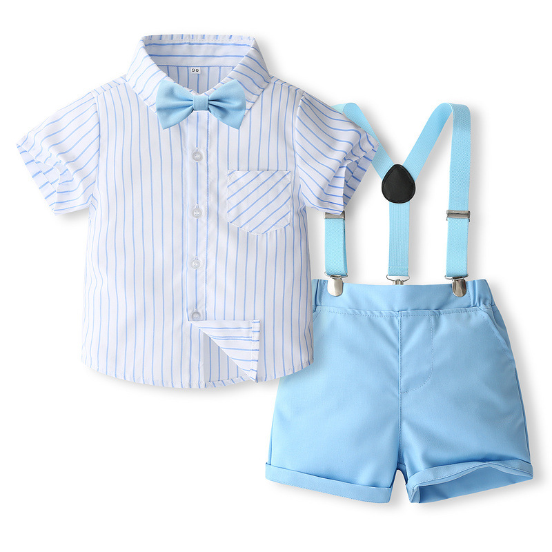 FUENTE Suministro de primera mano de fábrica Traje de verano para nuevos niños Camisa de rayas de estilo británico Vestido de caballero Conjunto de tres piezas