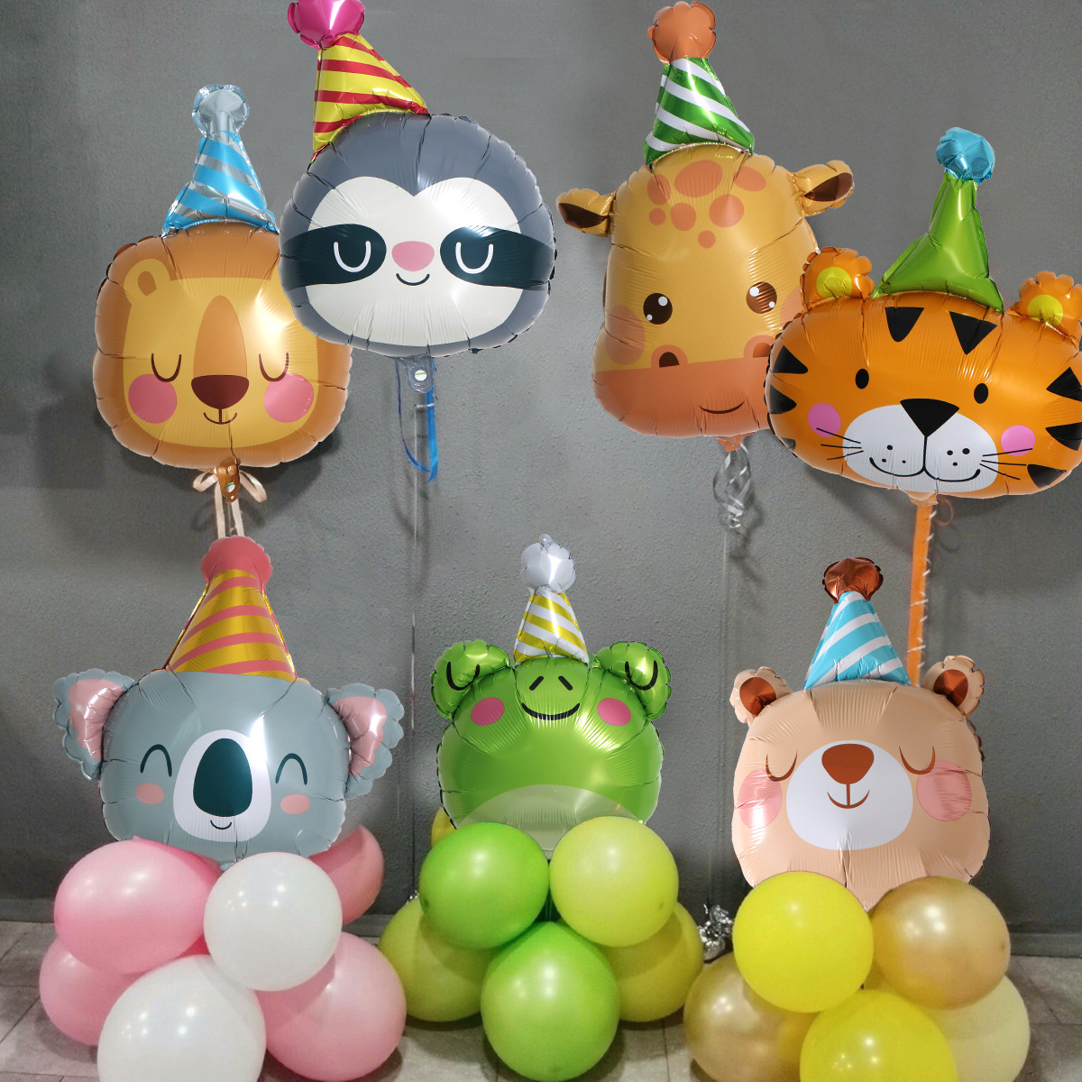 Globos de aluminio de gorros de cumpleaños (jirafa, tigre, oso, rana, perezoso)