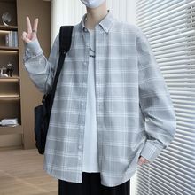 纯棉格子长袖衬衫男士春秋季潮流百搭外搭衬衣青少年宽松休闲外套