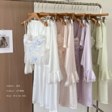 冰丝睡衣女夏带胸垫性感吊带三件套仙女风羽毛家居服长袖荷叶边