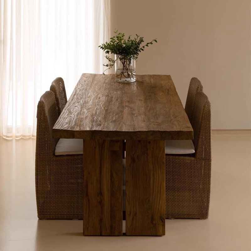 Wabi-Sabi Style Dining Table and Tea Table Set, Solid Wood Vintage Desk, Homestay Workstation, Mid-Century Style Dining Table