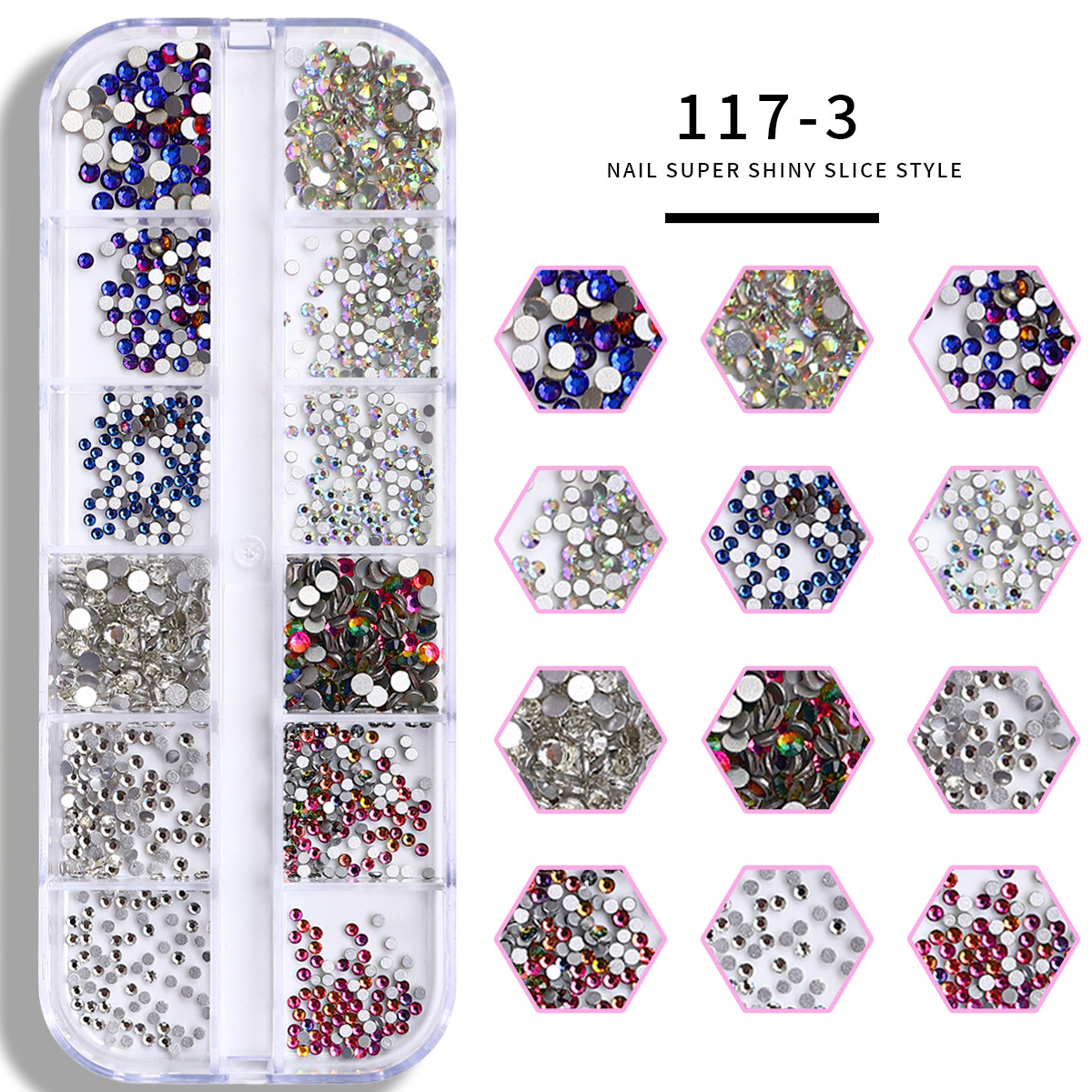 Set de joyas de uñas 12 barras de joyas taladro de uñas largo taladro de fondo plano mezclado taladro de forma especial superbrillante accesorios de uñas