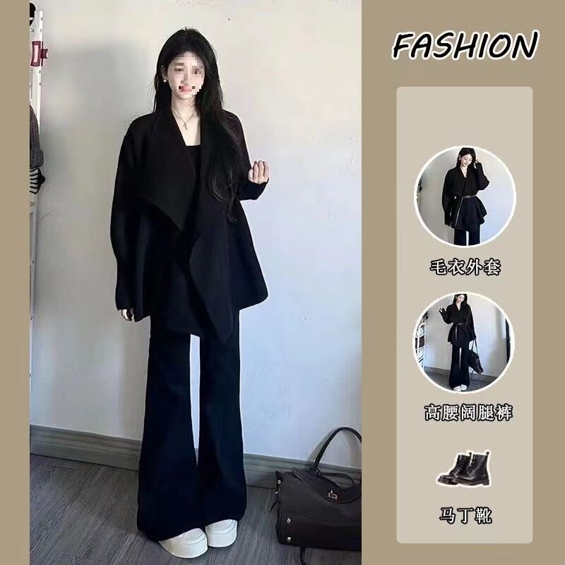 套装女2025春季韩系感收腰针织毛衣外套高腰显瘦阔腿裤两件套|undefined