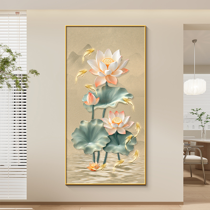 Lotus and Nine Fishes Entrance Decorative Painting New Chinese Style Carp Attracting Wealth Wall Art for Entryway Door Wall