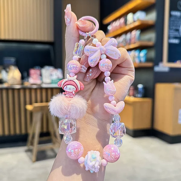 New Original Girly Cartoon Pom-Pom Phone Case with Chain Camera Charm Hand-Painted Beaded Phone Chain Bag Charm