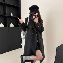 学院风过膝西装大衣女2025秋冬季灰色感长款复古双排扣长袖外套